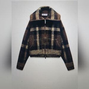 Zara Checkered Knit Bomber Jacket Brown size Large